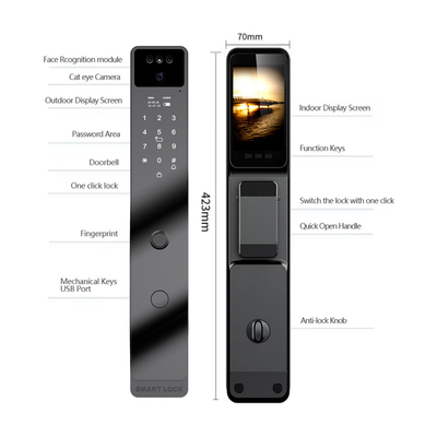 Fermeture de porte intelligente noire avec reconnaissance faciale et interphone