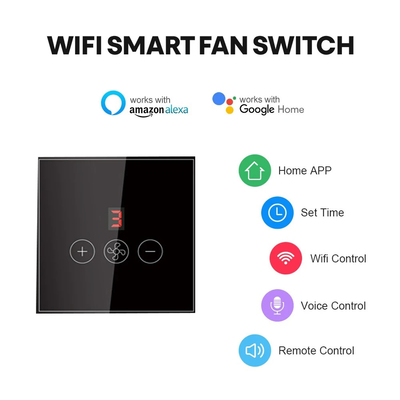 Glomarket Tuya Smart Wifi Commutateur de ventilateur de plafond Eu Standard Glass Touch Wall App Télécommande Commutateur de vitesse électrique du ventilateur