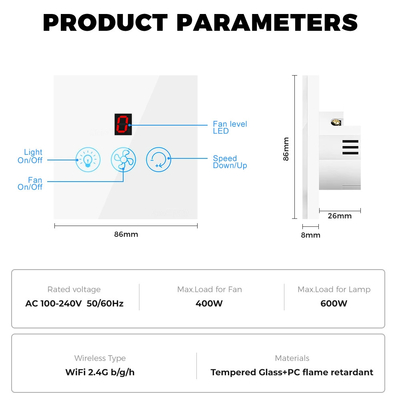 Glomarket Tuya Wifi Fan Light Switch Touch 3 en 1 Commutateur 5 réglage de vitesse Commutateur de ventilateur de plafond Pour Alexa Google Home