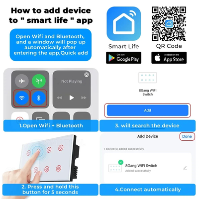 Glomarket Smart Home 8 Gang Wall Switch US Standard Tuya Voice APP télécommande sans fil Commutateur de lumière tactile sur le mur